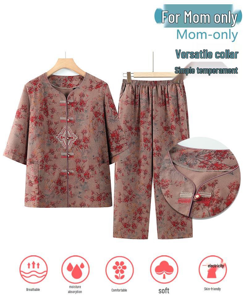 Chinese Style Short-Sleeve Two-Piece Set for Middle-Aged and Elderly Women - Spring/Summer Wear