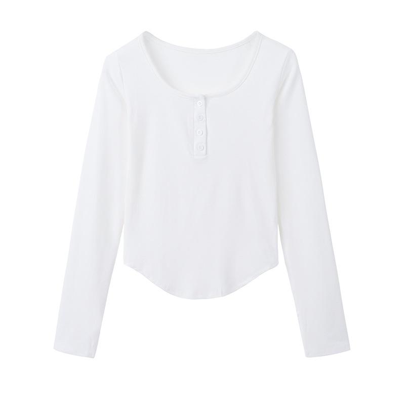 Codzienny Dopasowany Uniwersalny Do Noszenia Pod Spód Jednolity Kolor Guziki Ozdobiony Dekolt U Długi Rękaw Koszulka Bazowa Top