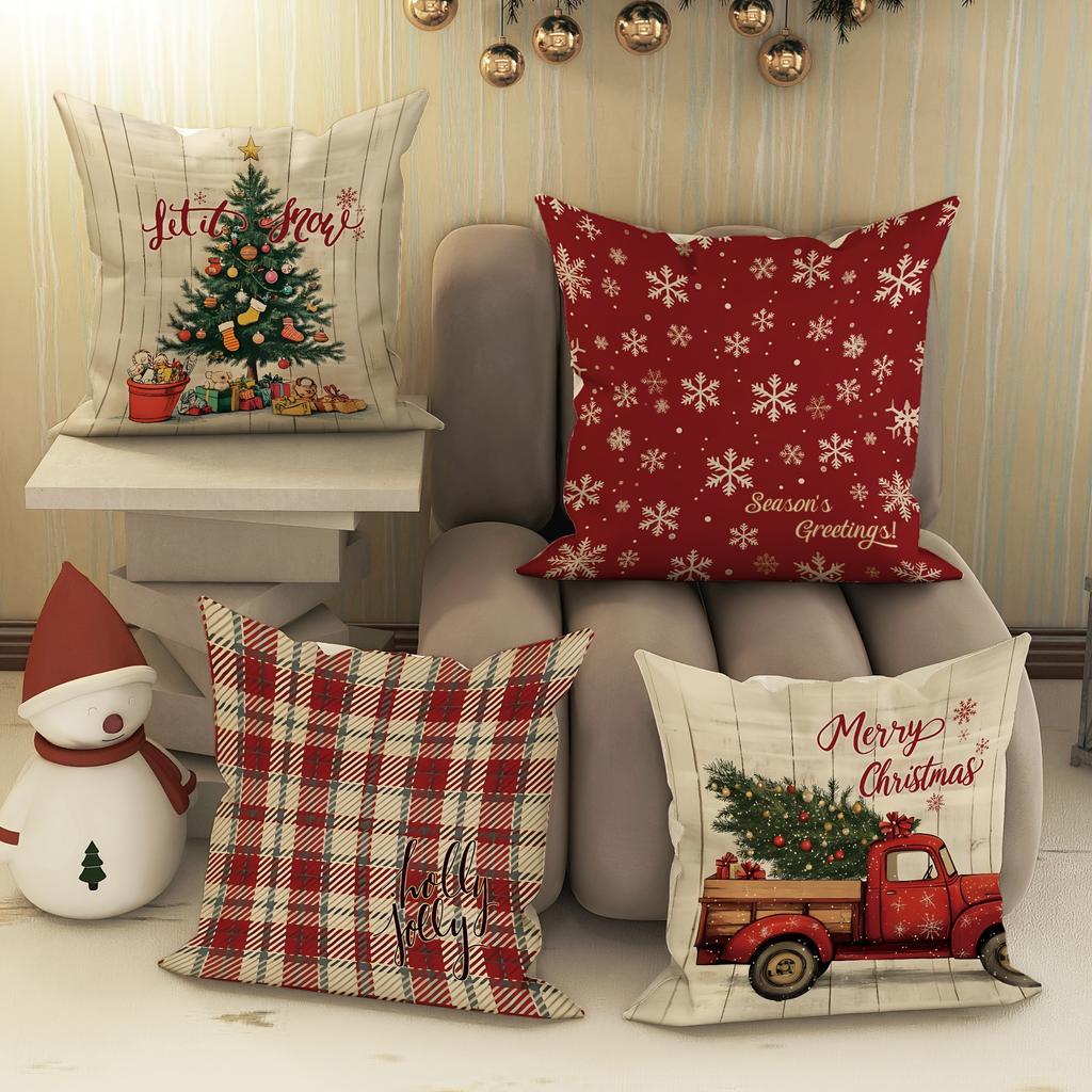 Festive Christmas Pillowcases: Let It Snow, Season's Greetings, Holly Jolly,and Merry Christmas Designs New Year Home Decoration