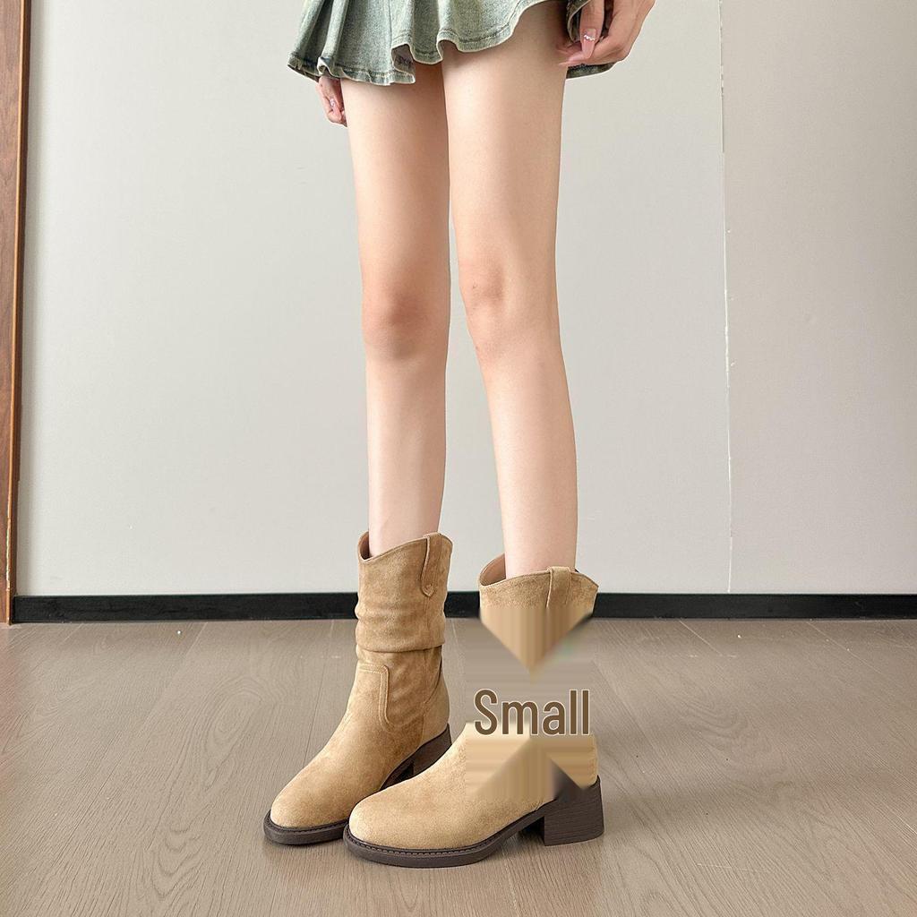 Women's Retro Hidden Heel Suede Mid-Calf Western Boots with Chunky Heel - 2025 Spring & Autumn Collection