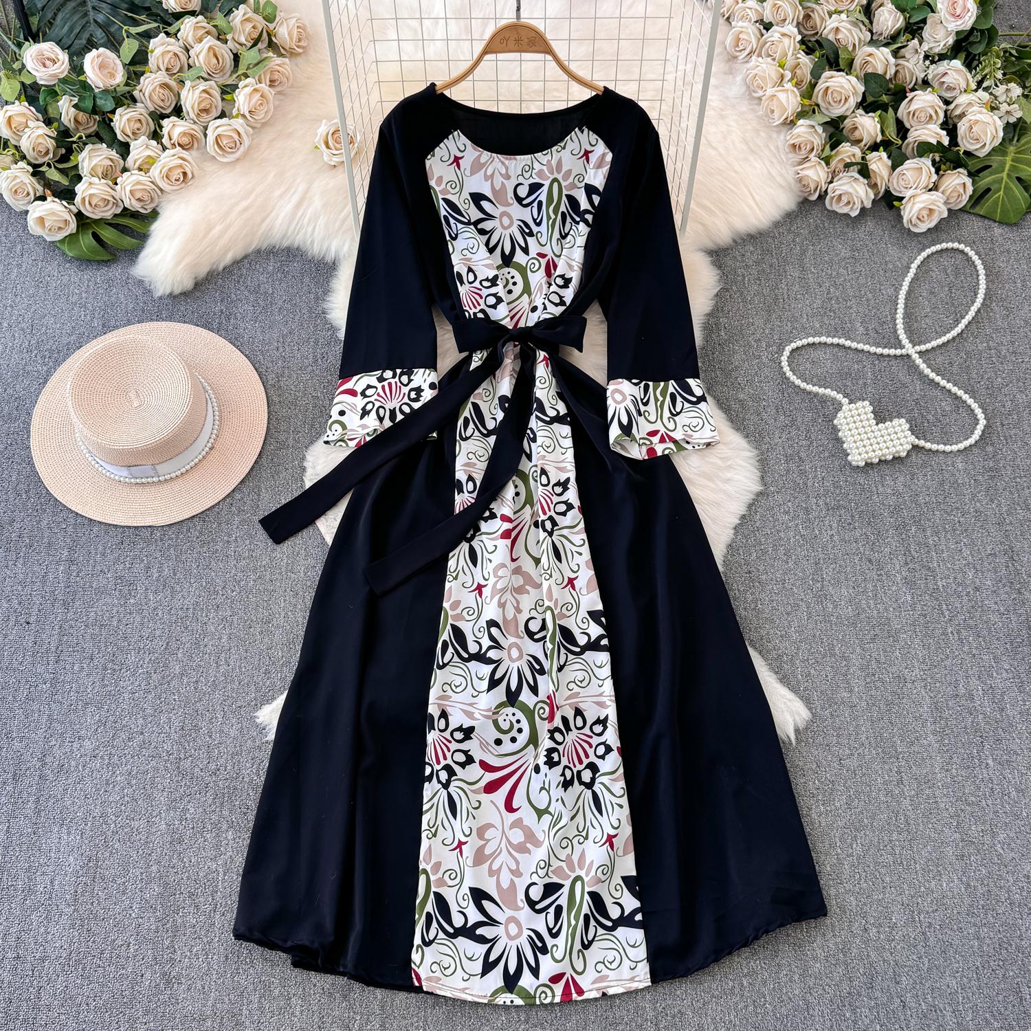 Осеннее винтажное женское длинное платье в стиле пэчворк с принтом — фото 24