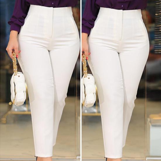 High Waist Pleated Pockets Ninth-Length Women Trousers Solid Color Straight Leg Suit Pants