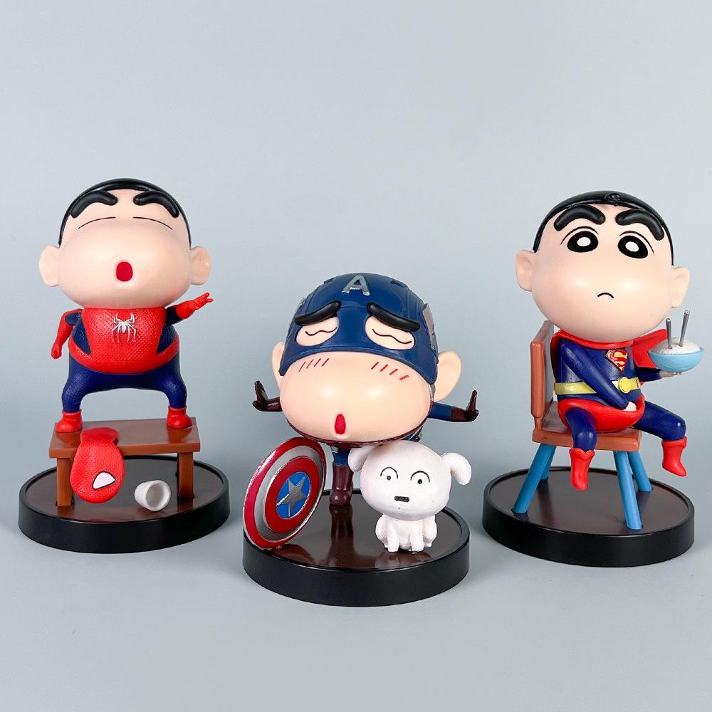 Crayon Shin Chan Anime Handmade Action Figure Set Superman Spider-Man Kung Fu Themed Collectible Decoration Toys for Fans