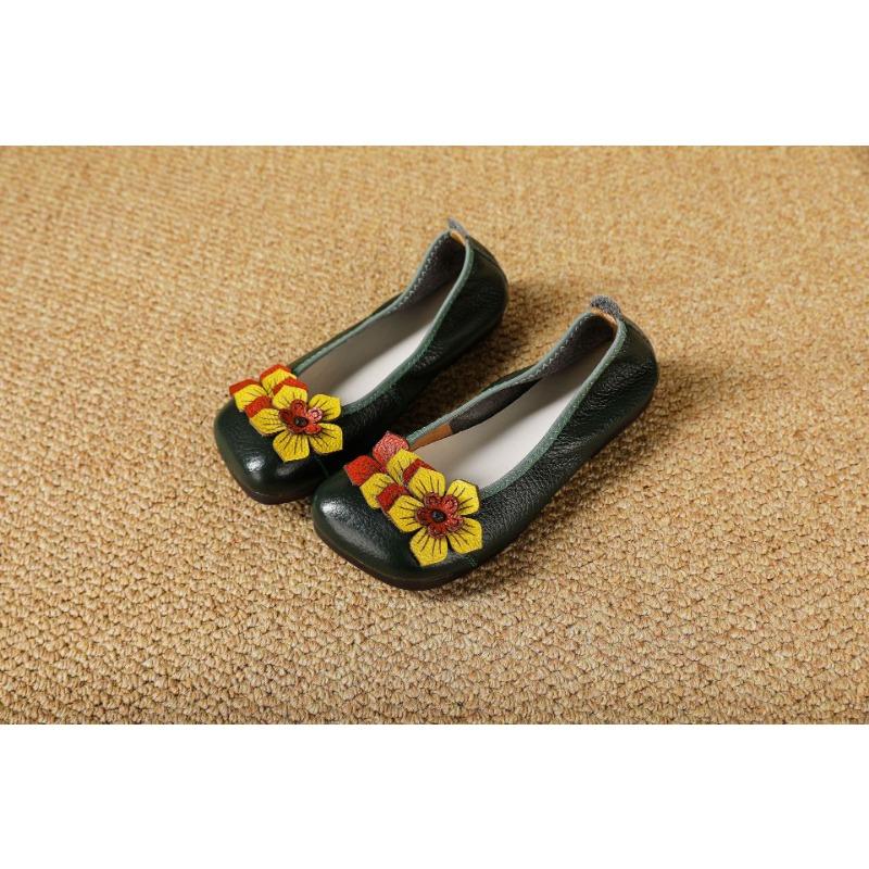Spring, Summer and Autumn Casual Leather Women's Single Shoes, Flower Light Mouth Round Head Sole Heel Solid Color First Layer Cowhide