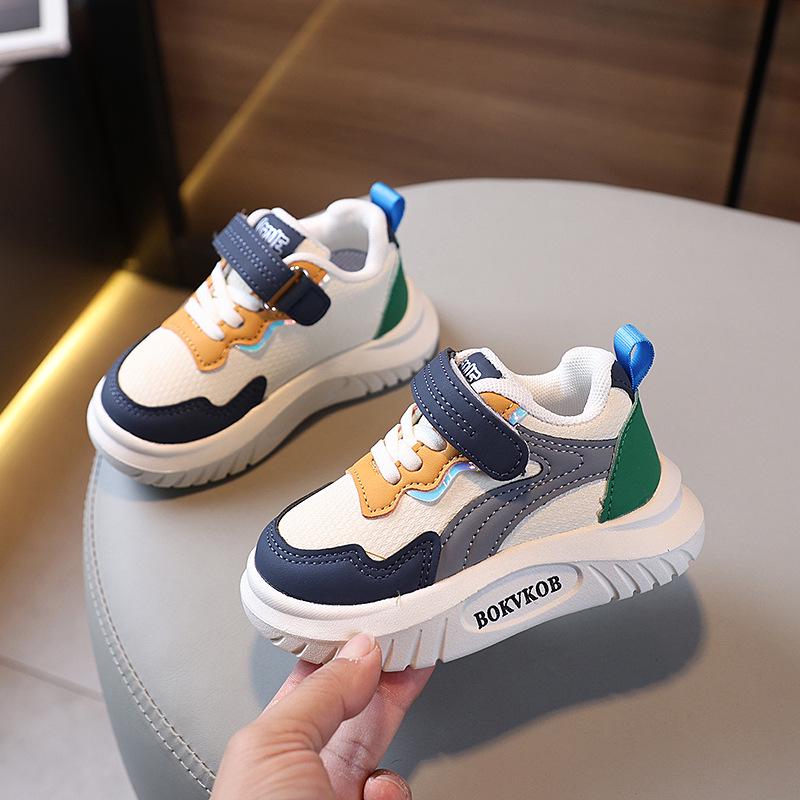 Children's Color Block Sports Shoes - Breathable Leather Panel Kids' Running Shoes for Spring/Autumn (Unisex).