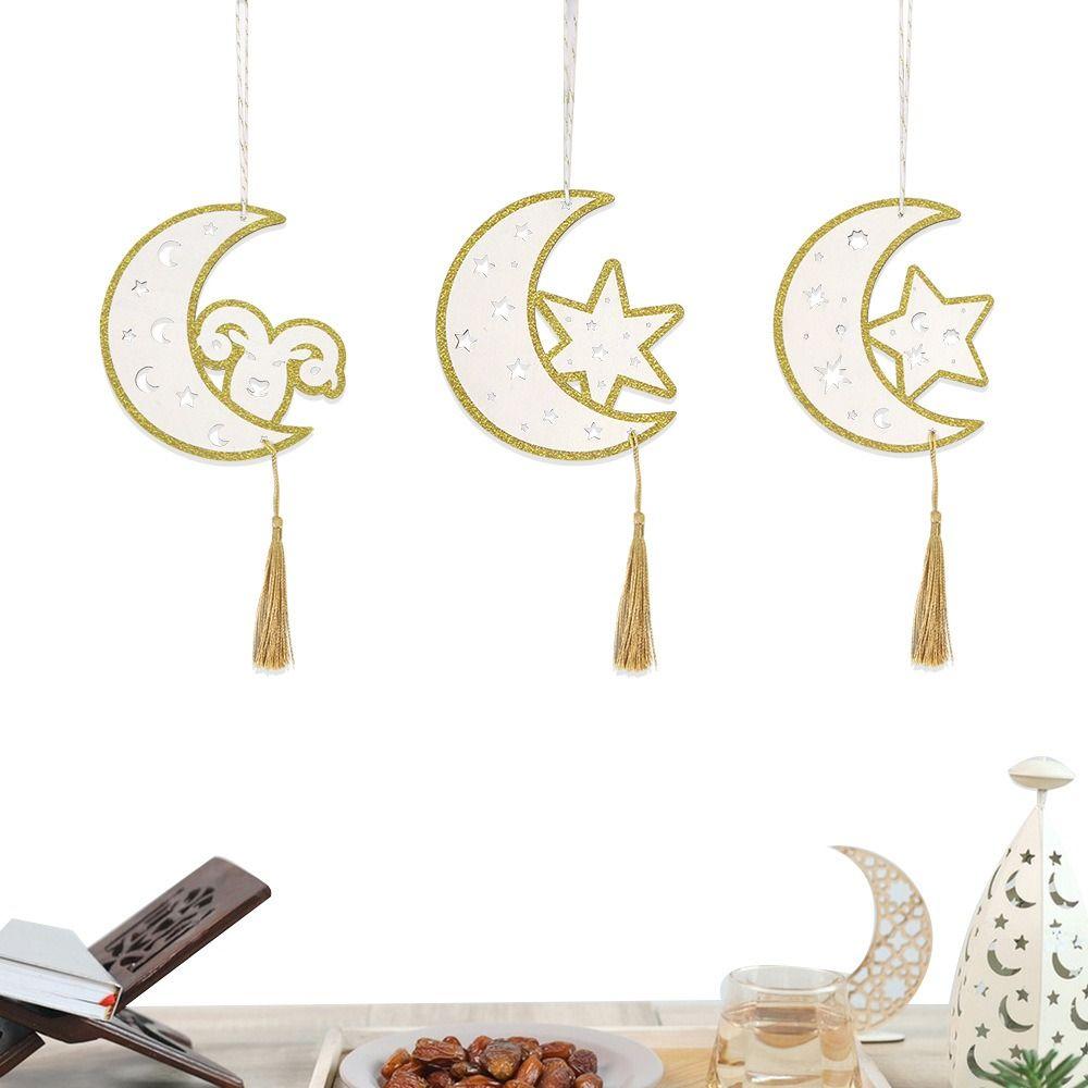 5Pcs Hollow Wooden Hanging Signs Creative Eid Moon Ornament Eid Door Sign  Middle East Moon Festival