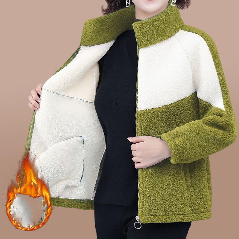 Stilvoller, verdickter Woll-Baumwollmantel mit Fleecefutter für ältere Frauen mittleren Alters, warme Baumwolljacke im Herbst und Winter, Rundhalsausschnitt
