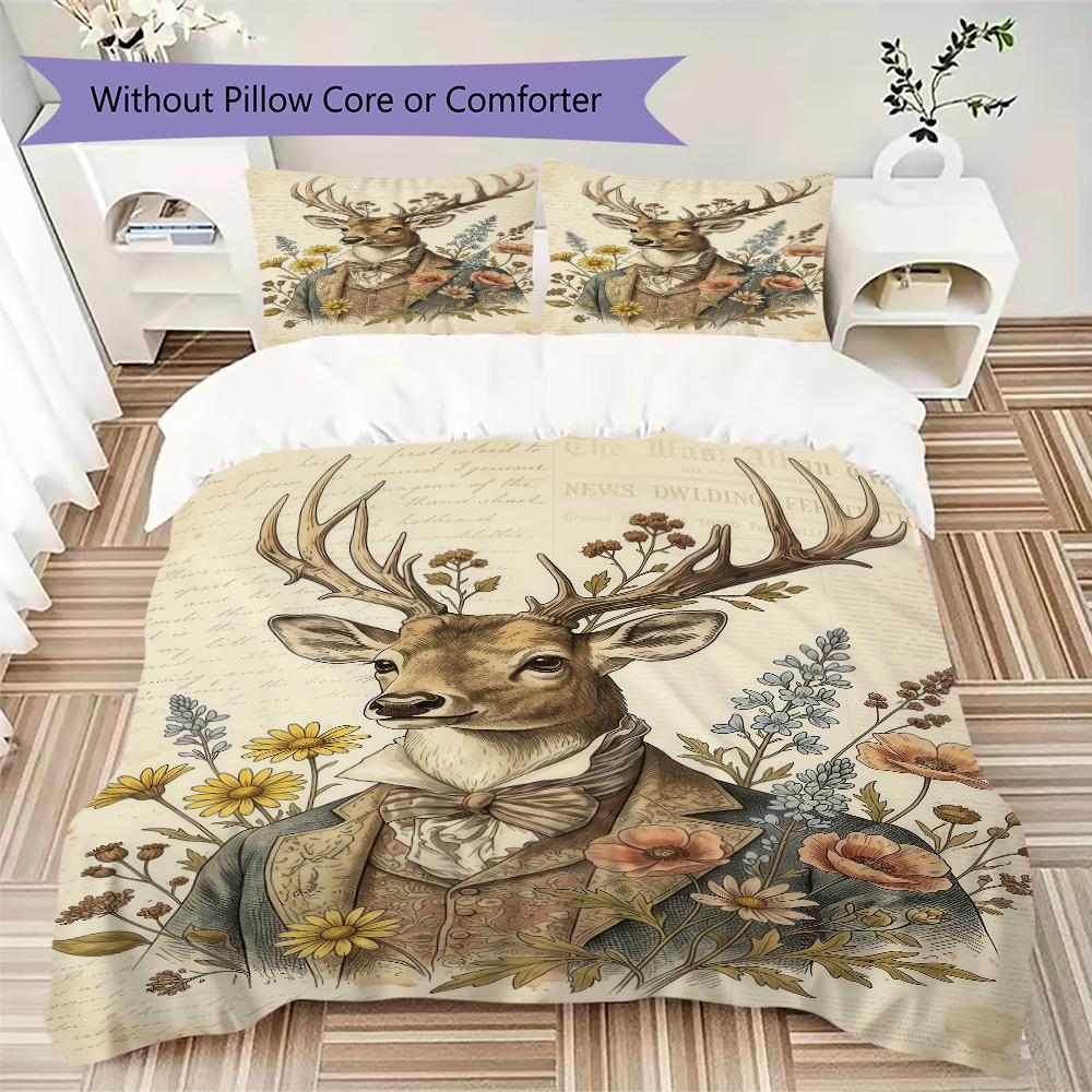 Retro Deer Pattern Bedding uilt Set uilt Cover Pillowcase Home Decoration Birthday Gift (1 * duvet cover + 2 * pillowcase without core)