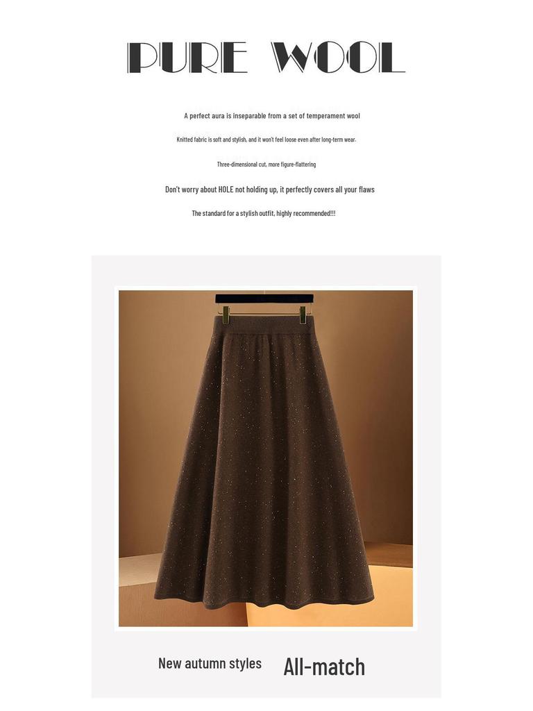 High-Waisted A-line Wool Sequin Umbrella Skirt – Mid-Length Slimming for Autumn/Winter