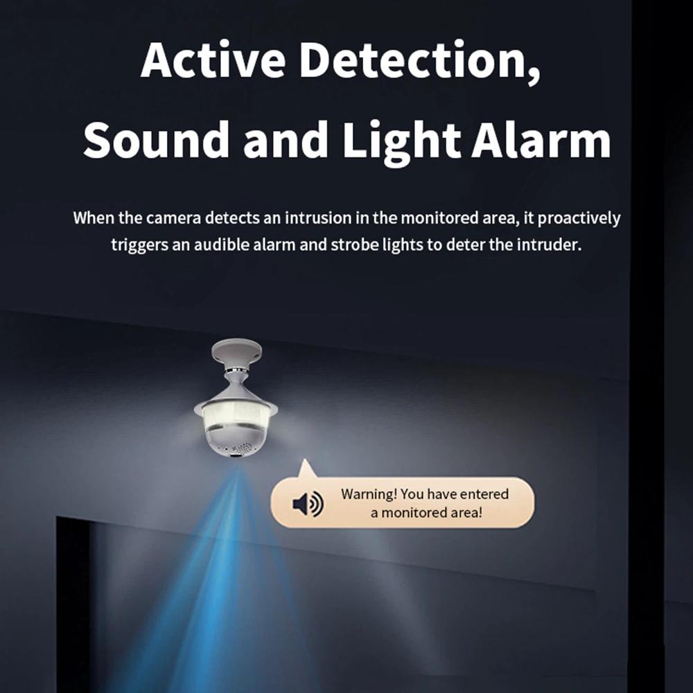 Telecamera di Sicurezza a Lampadina E27 WiFi da 5MP, Visione Notturna a Colori, Audio Bidirezionale, Tracciamento Automatico Wireless, Obiettivo Fisheye
