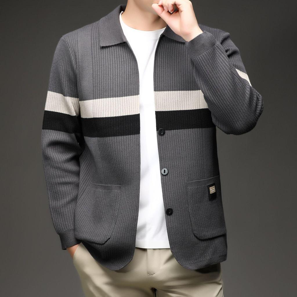 Men's Color Block Lapel Cardigan: Autumn/Winter Sweater Coat with Real Pockets - Youth Style, Loose Knitwear