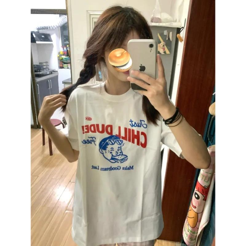 

Summer Printed TShirt Womens White Personality Printed Casual Cartoon Top Trendy Shortsleeve Tshirt Women Summer Clothing 4XL