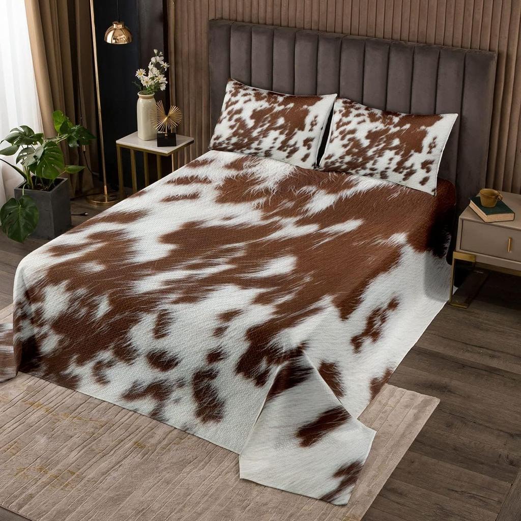 Cowhide Coverlet Set Farm Animal Fur Bedspread Queen/Full for Boy Girl Bedroom 2/3 Pcs Western Rustic Cowboy Farmhouse Quilt Set
