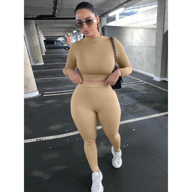 VEZFAA Women's Fashion Casual Spring Autumn Solid Color Print Long Sleeve O-Neck Trousers Pants Suits