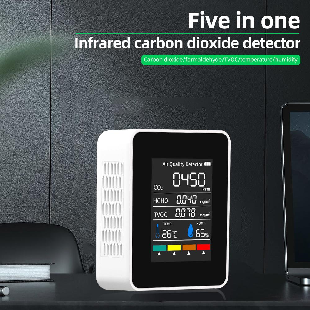 5 In 1 Carbon Dioxide Detector LCD Digital Air Quality Detector CO2 HCHO TVOC TEMP HUMI Monitor Semiconductor CO2 Tester