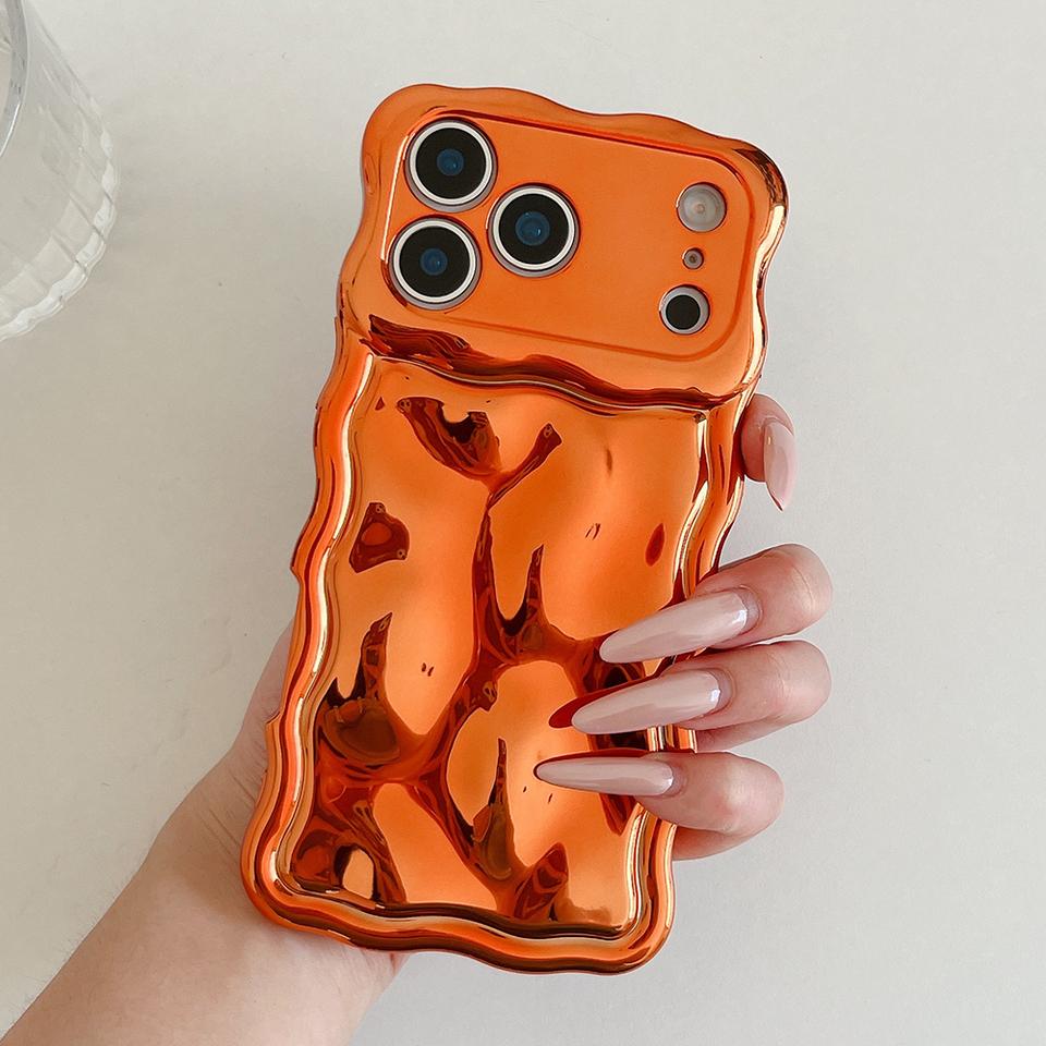 Luxury Electroplated Orange Stone Pattern Phone Case for iPhone 13 14 15 16 17 Pro Max Wave Edges Shockproof Soft Back Cover