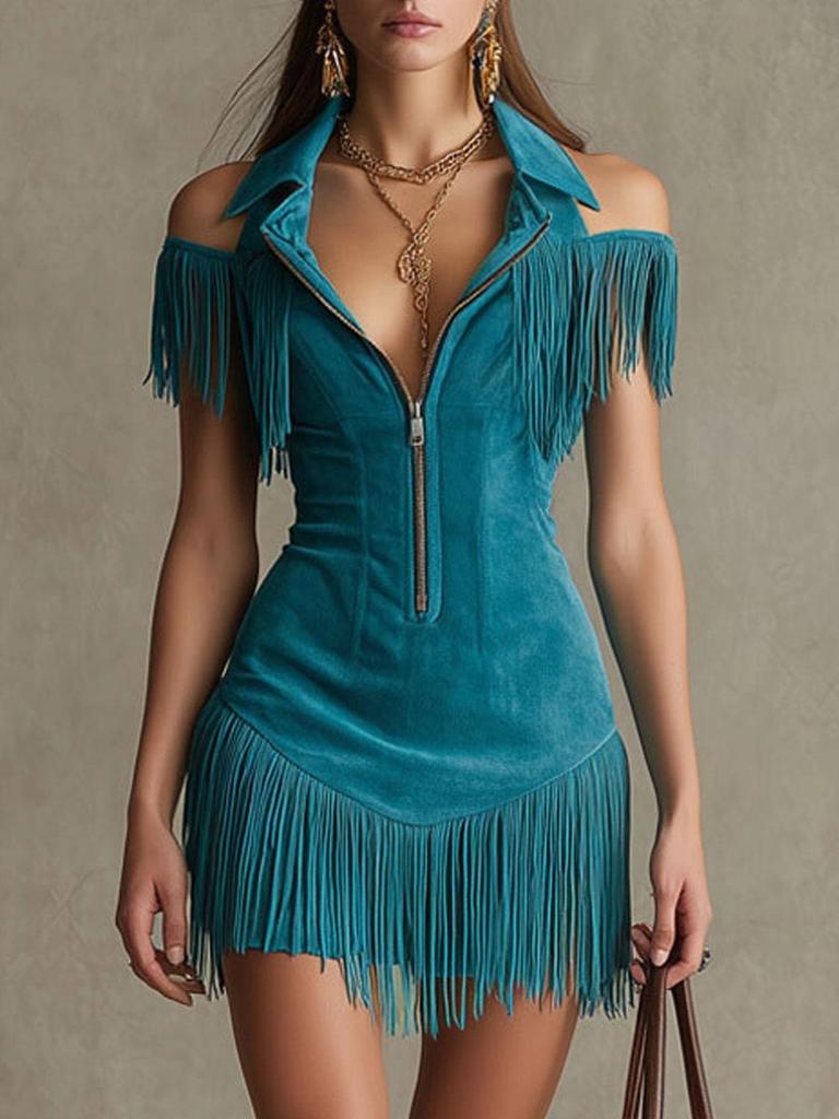 Women's Blue-Green Off-Shoulder Fringe Dress with Front Zipper