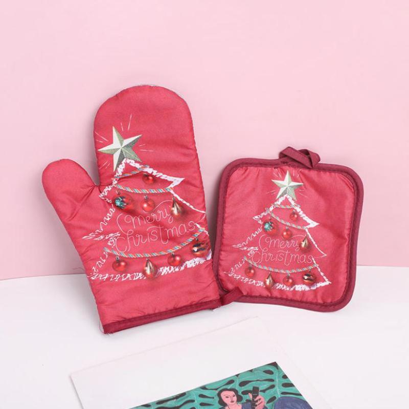 Christmas Oven Gloves Santa Claus Snowman Bell Pattern Insulated Gloves Decorative Gift Home Kitchen Christmas Decoration