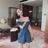 Square Neck Puff Sleeve Denim Jumpsuit for Women - Loose, Retro Korean Style, Petite, Summer 2024.