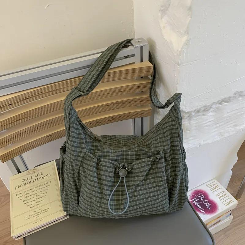 Mřížkovaná Crossbody taška přes rameno, Korejská stahovací nylonová dámská taška přes rameno, Velkokapacitní kostkovaná pruhovaná studentská dojíždějící školní taška