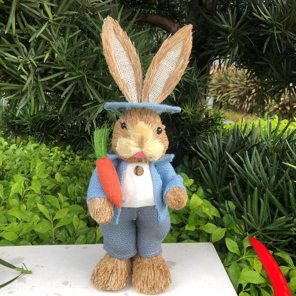 35cm Easter Straw Rabbit Woven Bunny Easter Decoration Sculpture Yard Party Home Easter Ornament Statuette Decoration