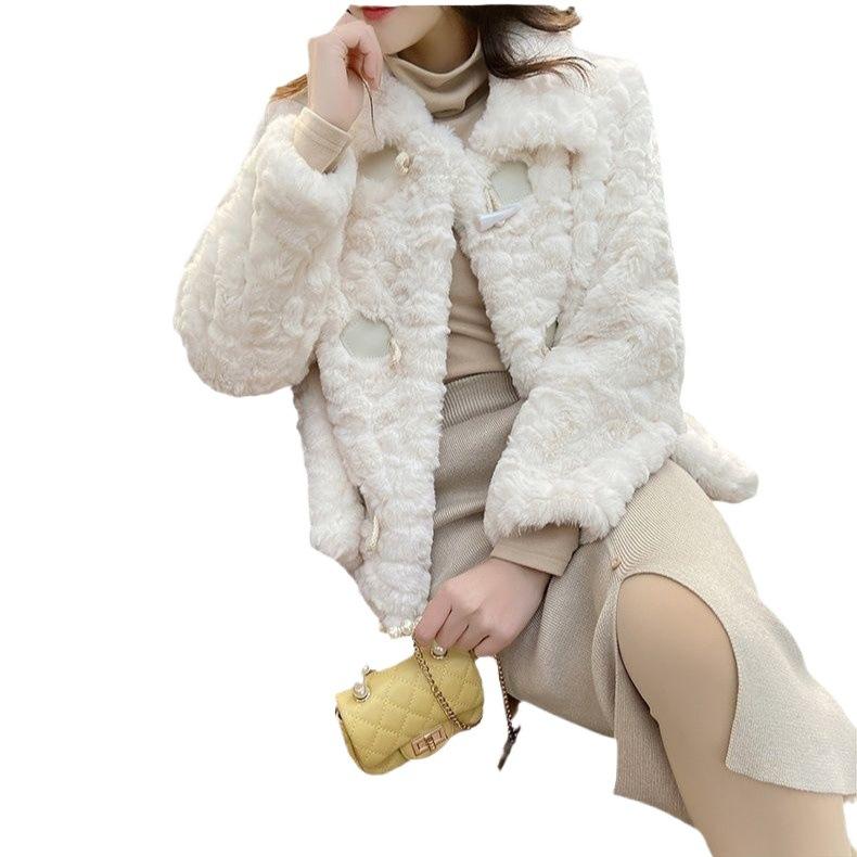 Plush horn buckle imitation fur coat women's autumn and winter new gentle wind thickened thin top light