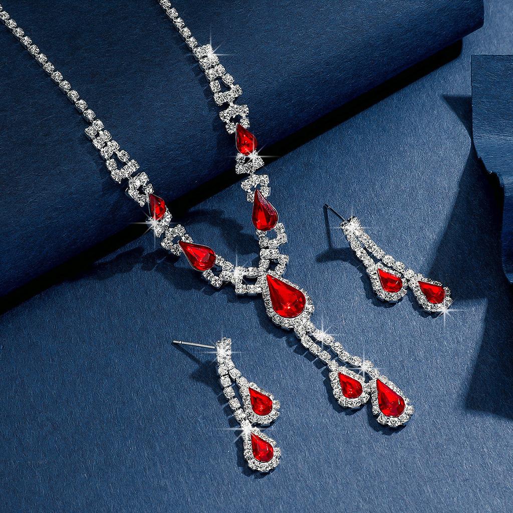 Bridal Jewelry Set Red Necklace Stud Earrings Two-Piece Set Wedding Dress Accessories Elegant Red Suit Women