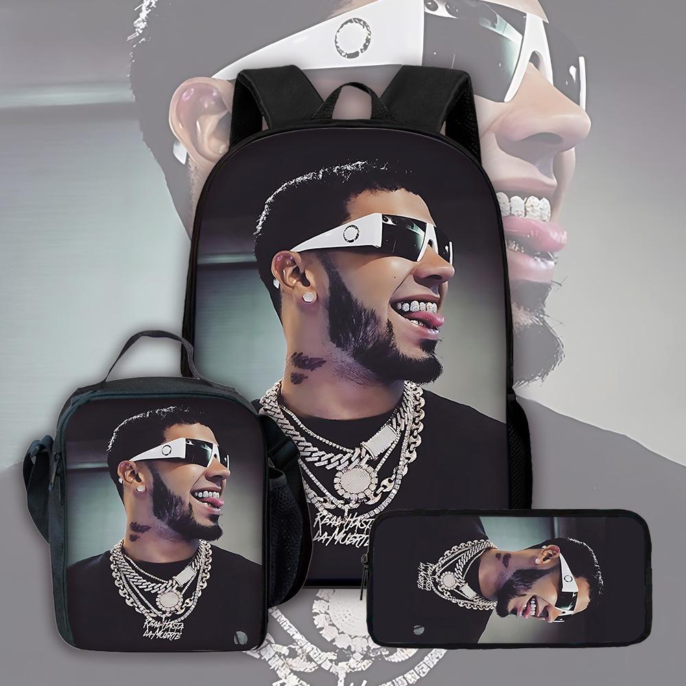 Fashion Hot Rapper Anuel AA Child School Backpack with Lunch Bags ,Pencil Bags ,School Bags for Boys Girls Best Gift