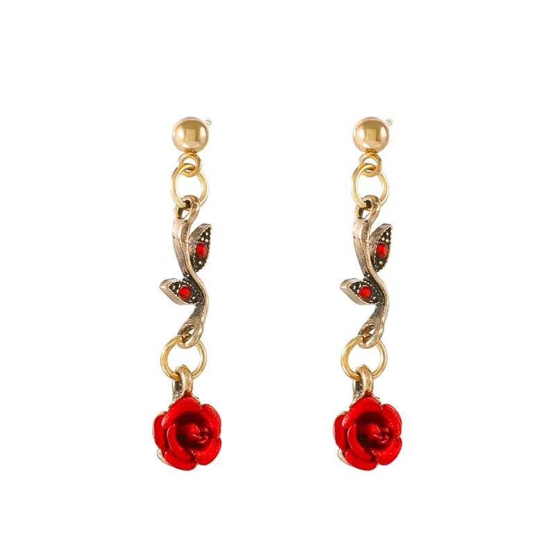 Vintage French Red Rose Flower Necklace Bracelet Set for Women Fashion Romantic Clavicle Chain Necklace Engagement Jewelry Gifts