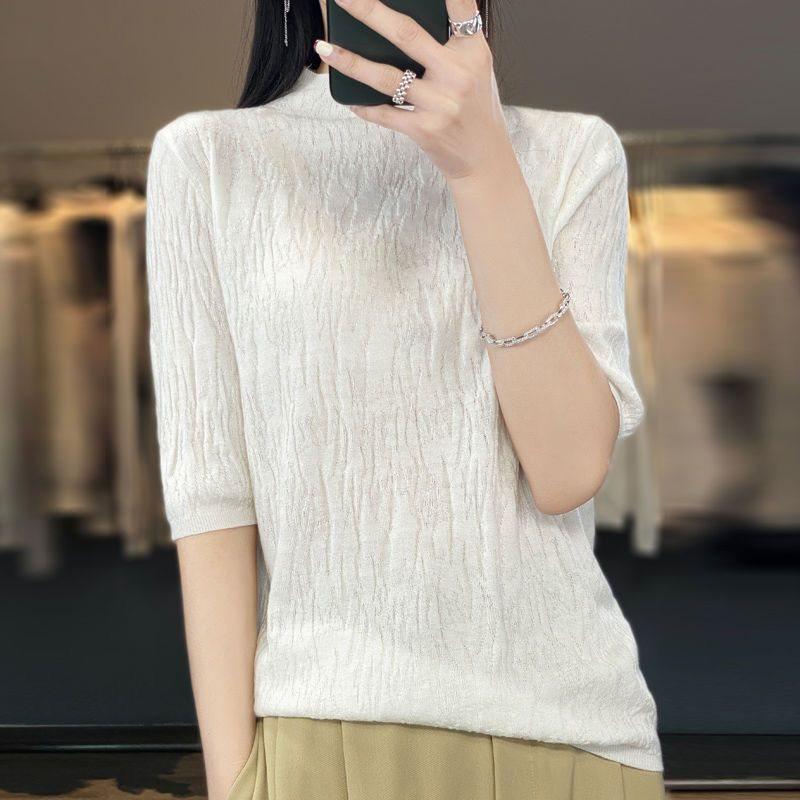 Spring Semi-High Neck Short Sleeve Loose Knit Pullover for Women