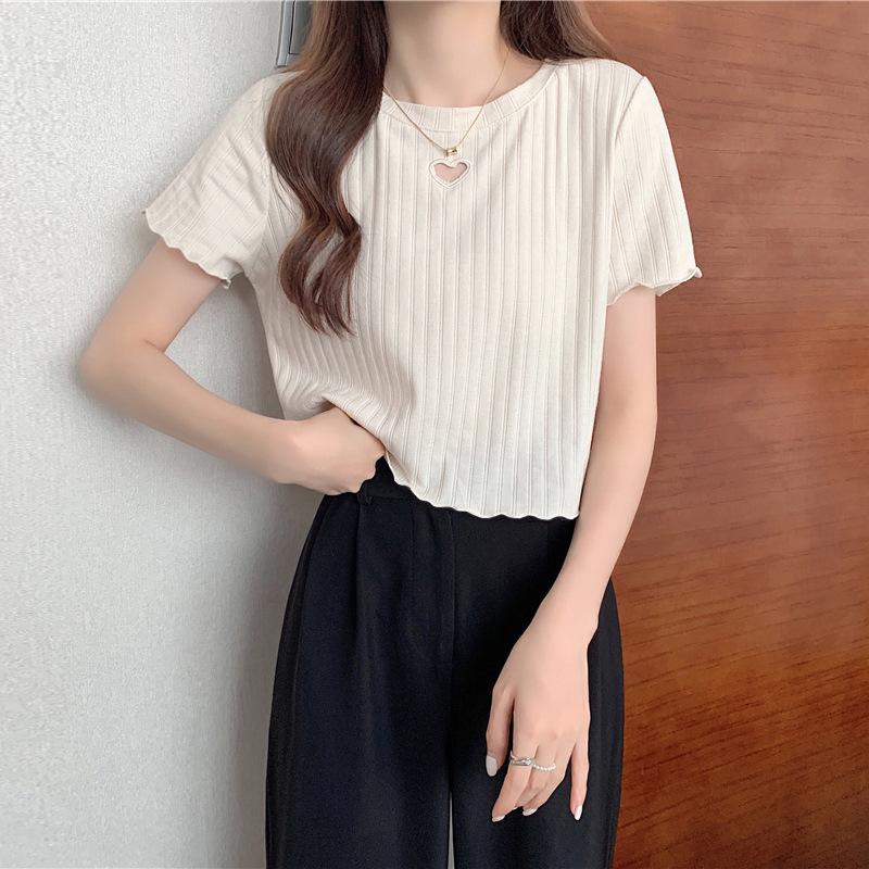 Short Sleeved T-shirt for Women's Summer Short Design with A Sense of Niche Embroidery Hollowed Out Heart, Wooden Ear Edge Top