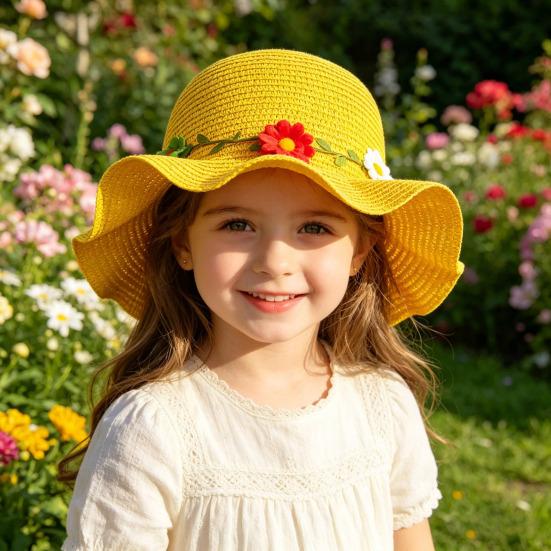 Children Sun Hat Wide Brim UV Protection Straw Hat with 3D