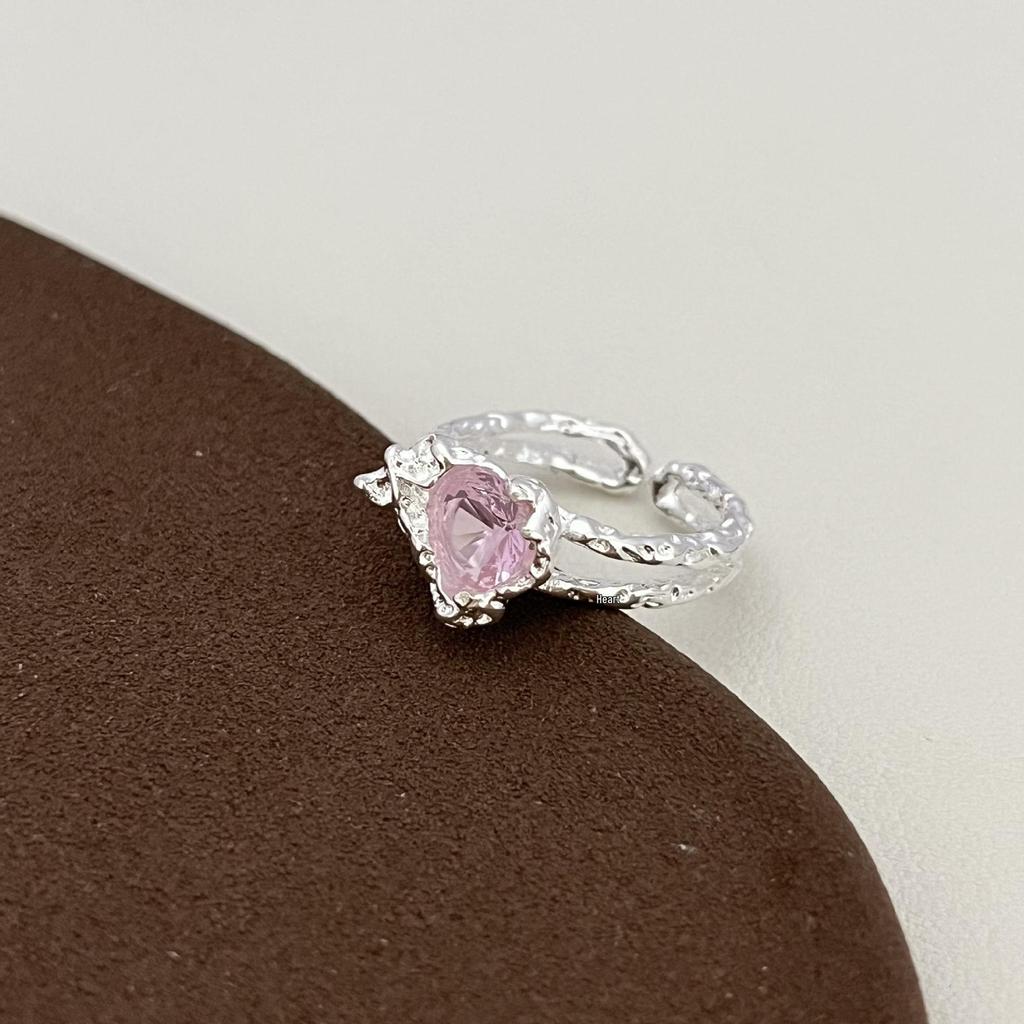 Pink Diamond Double Layer Heart Ring - Handmade Korean Style with Rhinestones