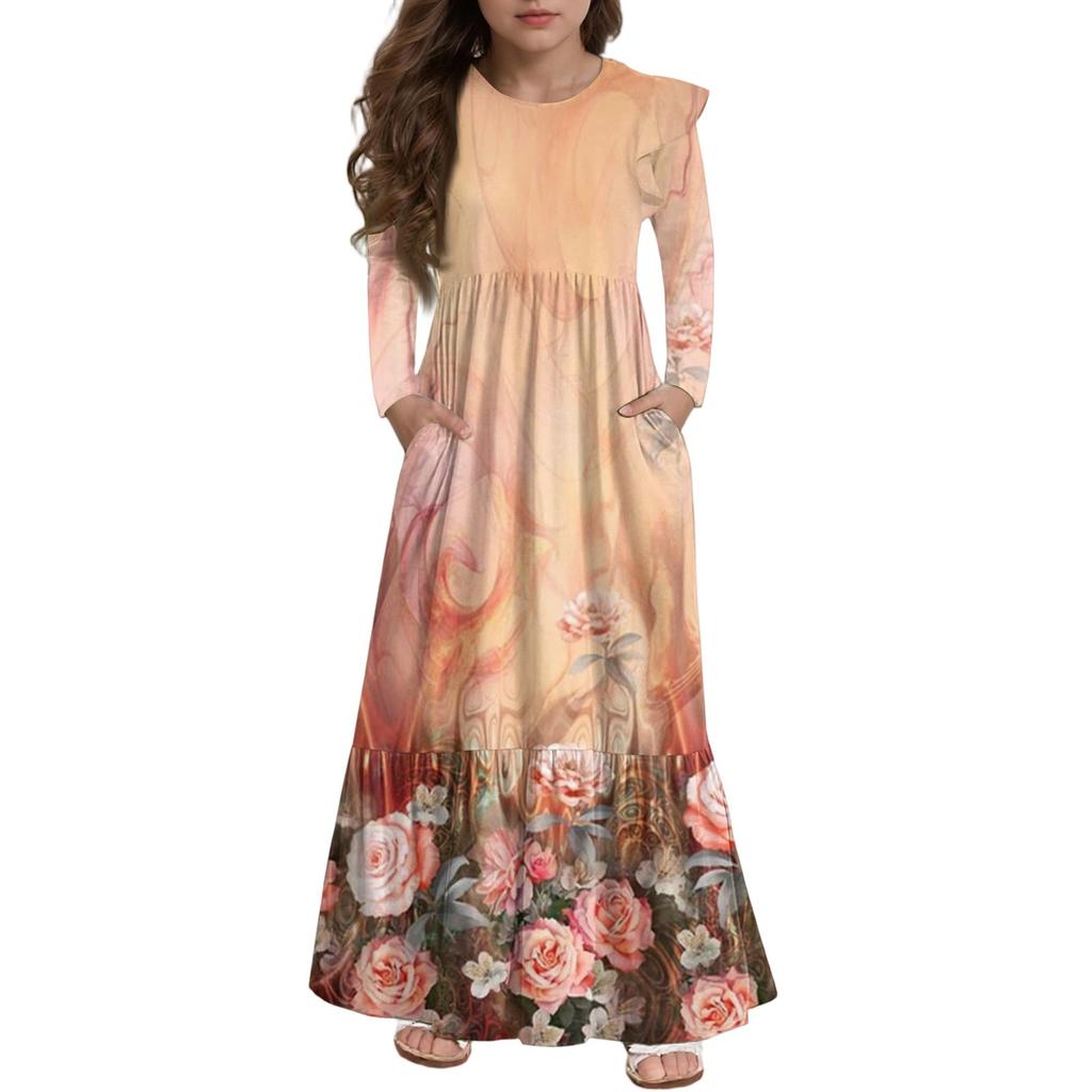 Girls' Tiered Ruffle Dress - Long Sleeve Printed Maxi With Pockets