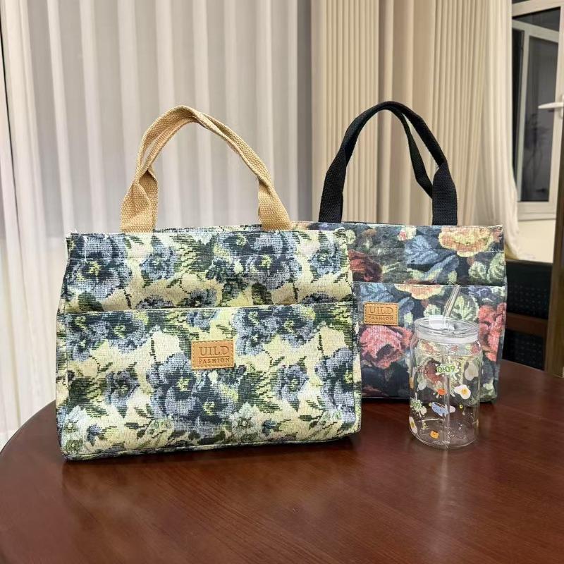Borsa a mano tote retrò stile dipinto a olio floreale portatile con custodia per contenitore per il pranzo grande capacità borsa da esterno