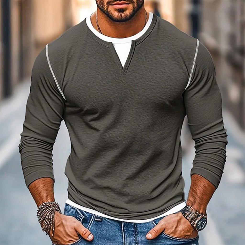 Mens Long Sleeve Tee Shirts Fake Two Pieces V Neck Shirt Fall Casual Trendy Patchwork Stretchy T Shirt Basic Tops