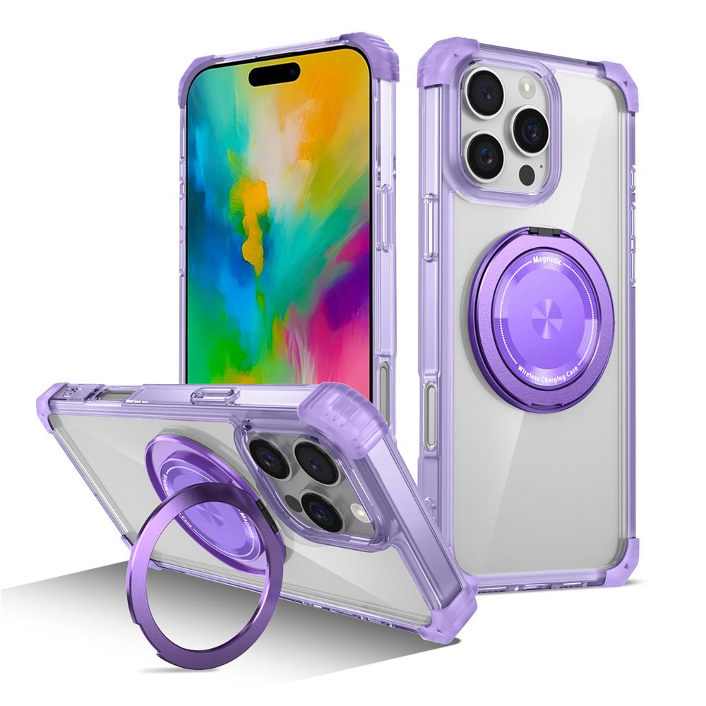 KEYSION HD Transparent Stoßfest Fall für MagSafe für iPhone 16 Pro Max 16 Plus 360 ° Drehbare Magnetische Ring Stand Telefon Abdeckung