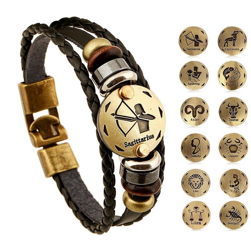 12 Constellations Multi Layers Leather Cuff Chain Bracelet Jewelry for Women Men Birthday Valentines