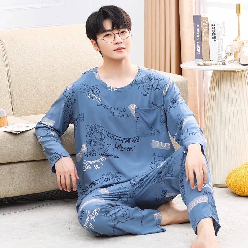 High-End Trendy Men's Long-Sleeve Cotton-Style Casual Pajamas, Youth Large, Loose & Comfortable Home Wear