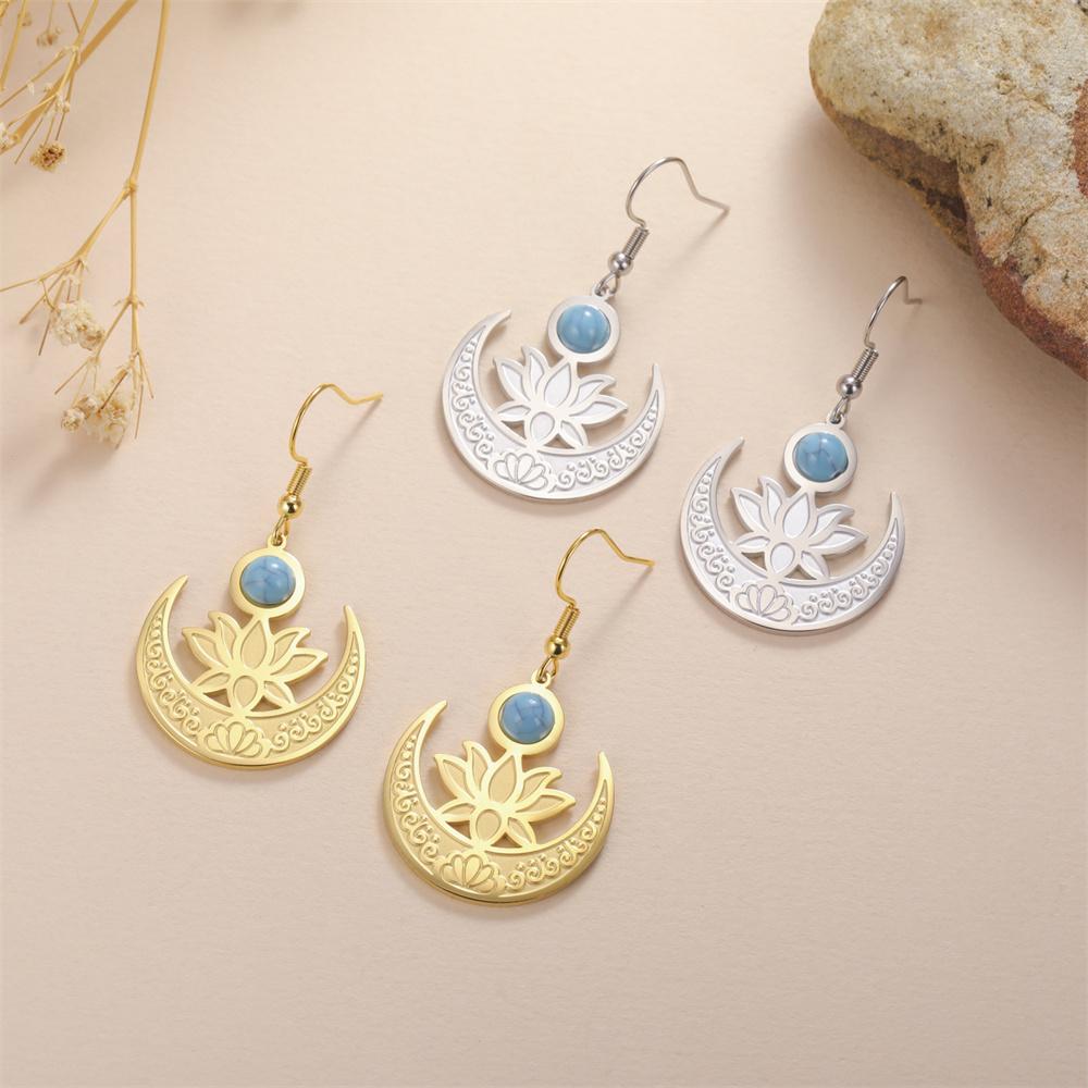 My Shape Flower Lotus Moon Earrings for Women Stainless Steel Dangle Earrings Flower Drop Earring Jewelry Chakra Healing Amulet