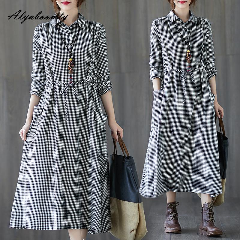 Korean Style Spring Autumn Women Midi Shirt Dress Turn-Down Collar Plaid Casual Loose Dress With Pockets Vintage Elegant Ladies' Basic Dress