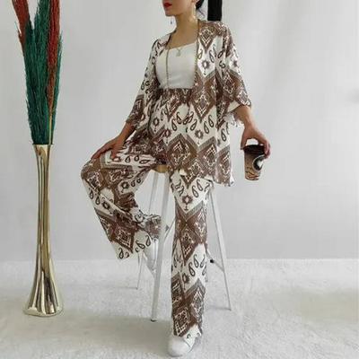 Temu 2024 Sommer Damen Locker Übergröße Bedrucktes Set: Hemd mit 3/4-Ärmel & Hose mit weitem Bein