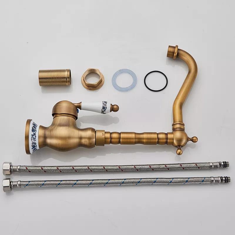 Antique Brass Basin Faucet Creamic Single Handle Hot And Cold Mixer Tap 360 Rotation Deck Mount Bathroom Crane Kitchen Faucet