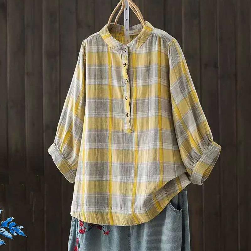 

Художественная клетчатая блузка с рукавами «летучая мышь», двухслойная хлопковая пряжа, рубашка со средним рукавом для женщин, рубашка из мягкого хлопка с рукавом пять четвертей One Size