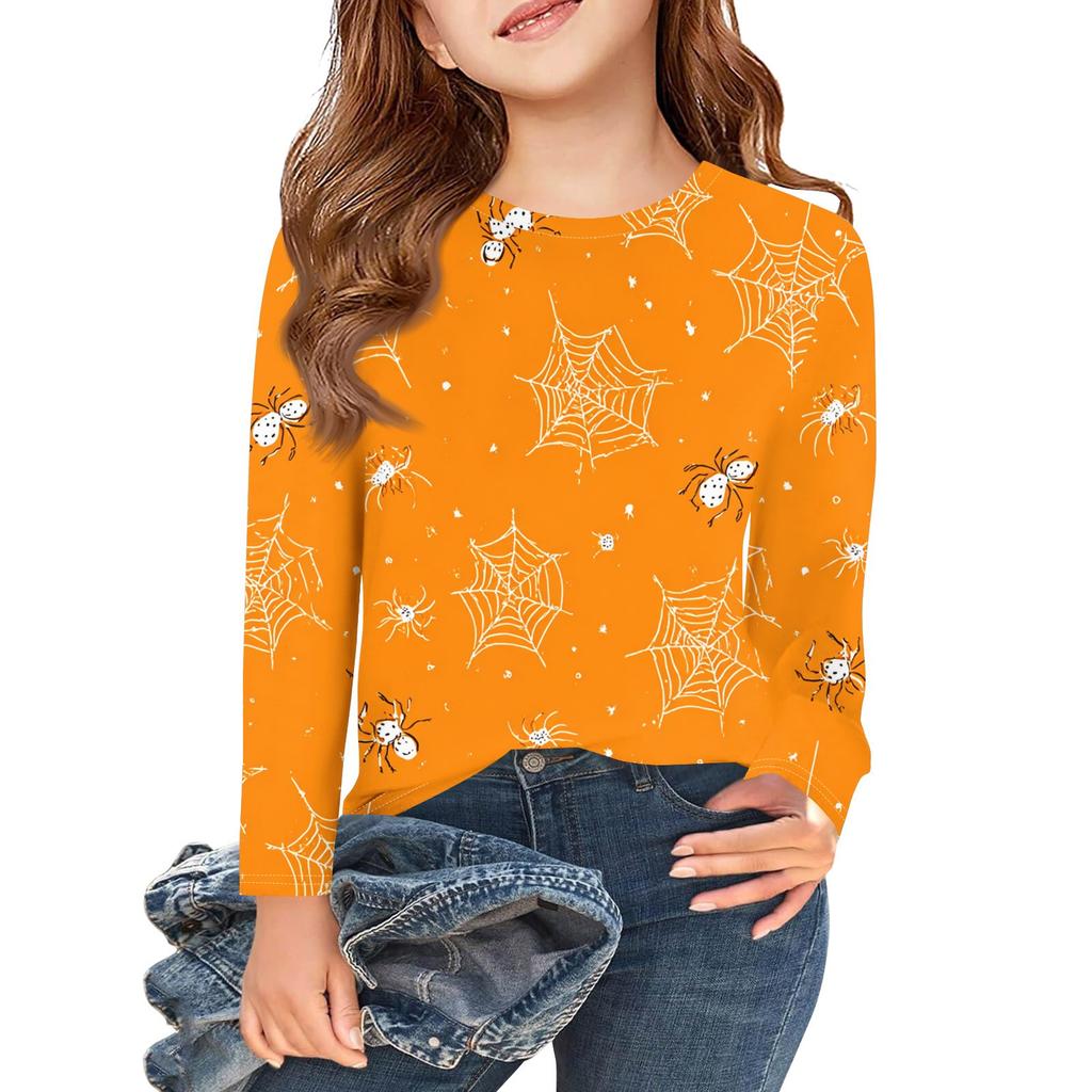 Girls Long Sleeve T Shirts Kids Fall Tops Crewneck Halloween Printed Basic Tees 3-9Y