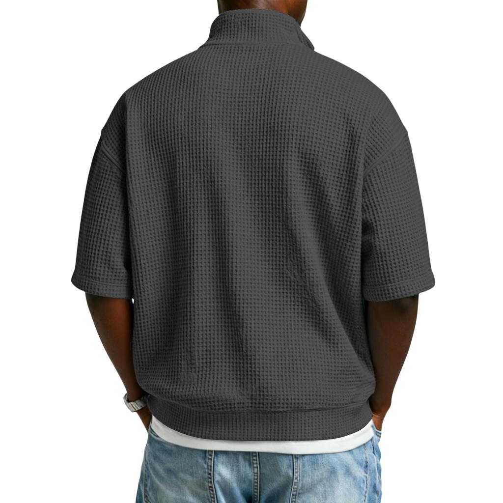 Men’s Waffle Knit Short Sleeve Half Zip Pullover Casual Loose Fit Lightweight Stand Collar Top Shirt