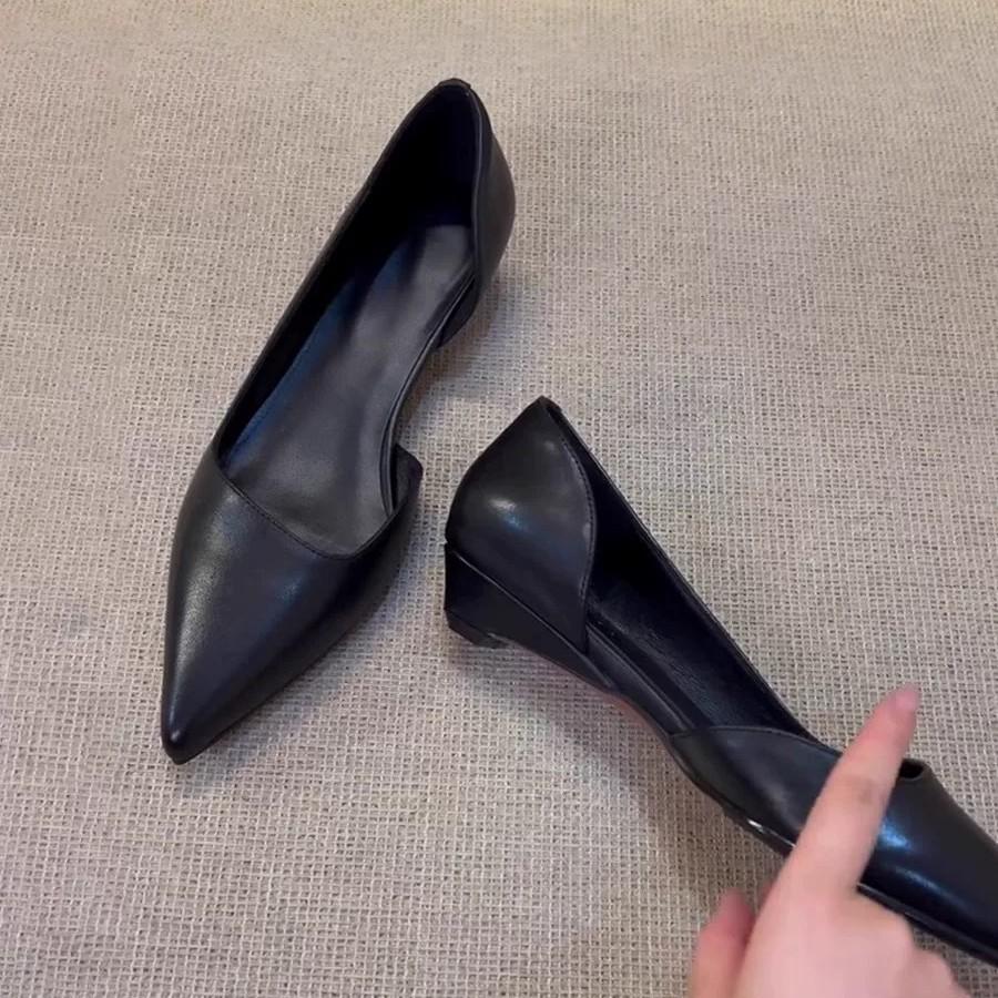 Cowhide Version~ Minimalist Style Pointed Head Shallow Mouth Side Empty Single Shoes Women's 2025 New Summer and Autumn Versatile Low-heeled Commut