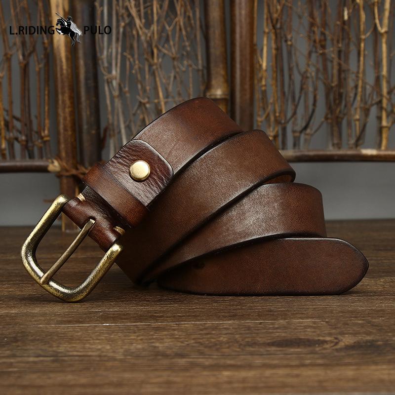 Vintage Echtleder Gürtel Herren Erste Schicht Rindsleder Reines Kupfer Dornschließe Lässiger Jeansgürtel