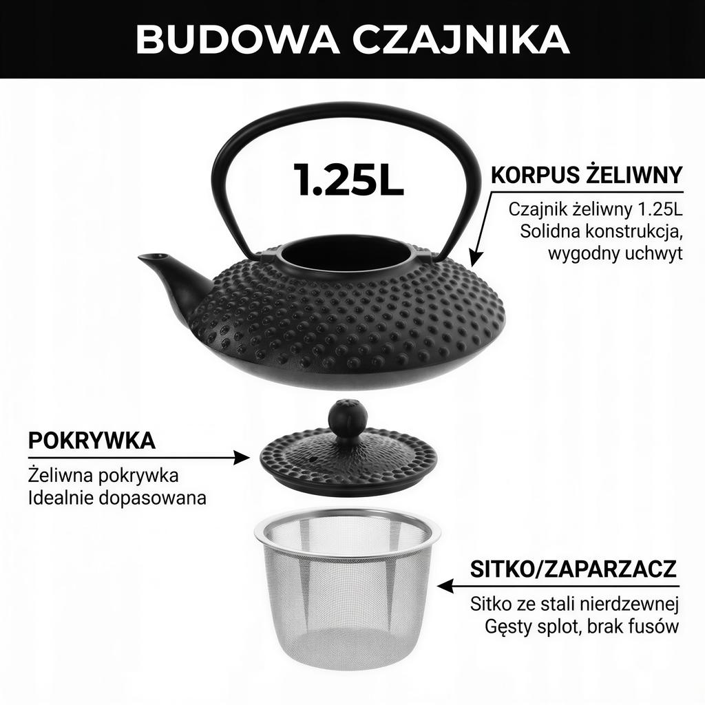 CAST IRON KETTLE 1.25L BLACK STEEL INFuser for Tea and Herbs