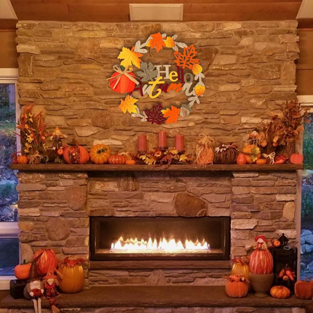 Fall Front Door Decor, 12 Inch Fall Wreaths for Front Door, 3D Wooden Fall Door Sign Hanging Pumpkin Maple Leaf Wreath with Autumn Sign for Harvest